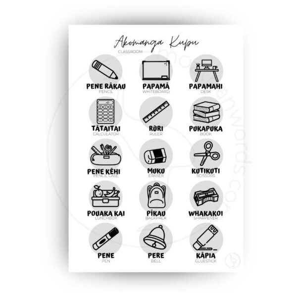 Classroom Kupu in Te Reo Maori - Instant Wall Print Grey